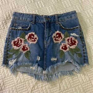 Free People Mid-Blue Denim High-Waist Embroidered Skirt